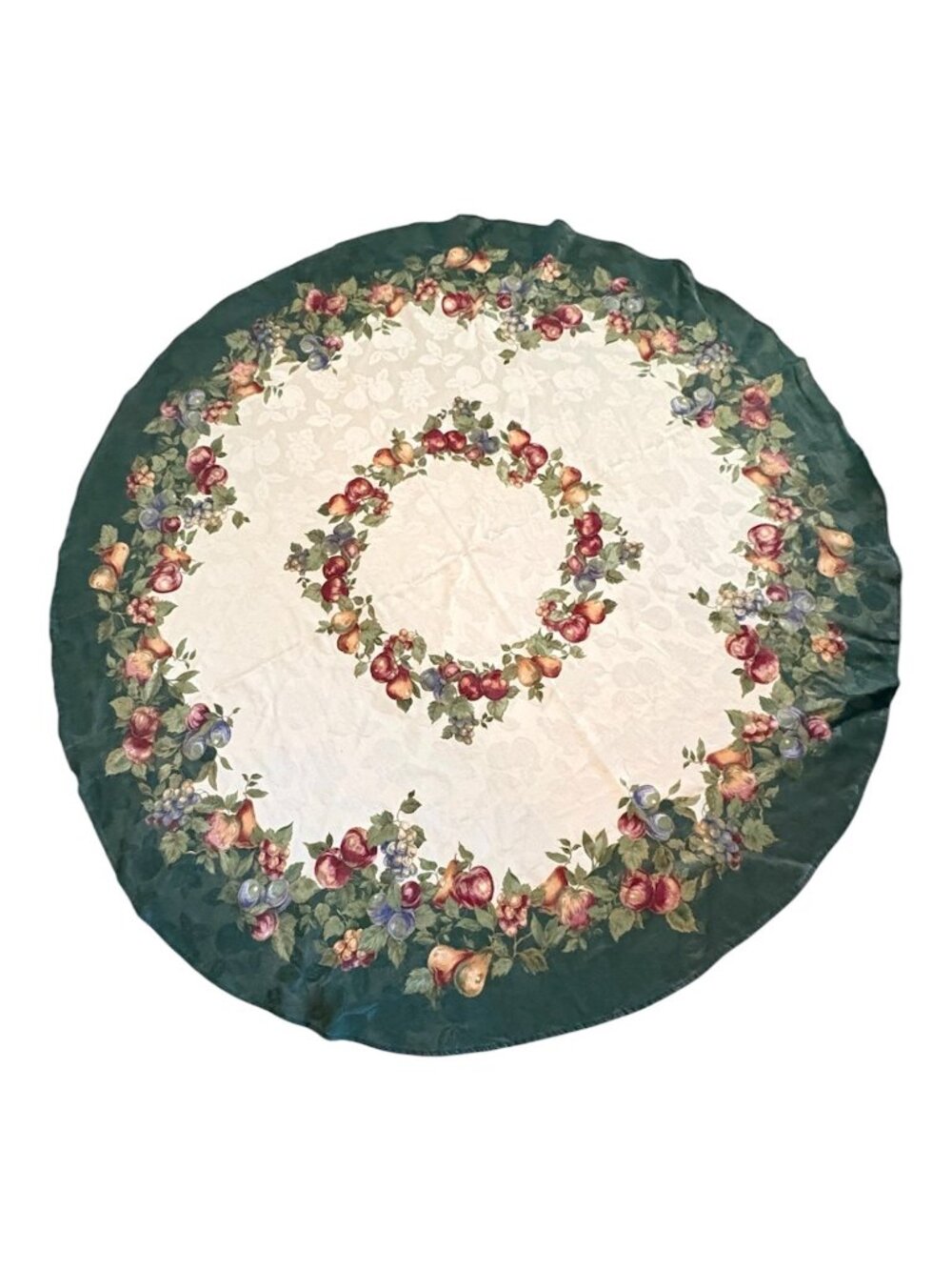Vintage 70" Round Harvest Fruit Jacquard Damask Tablecloth Green Border
